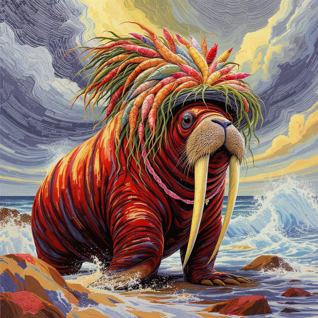 Colossal Walrus in Seafood Hat on Rocky Shore