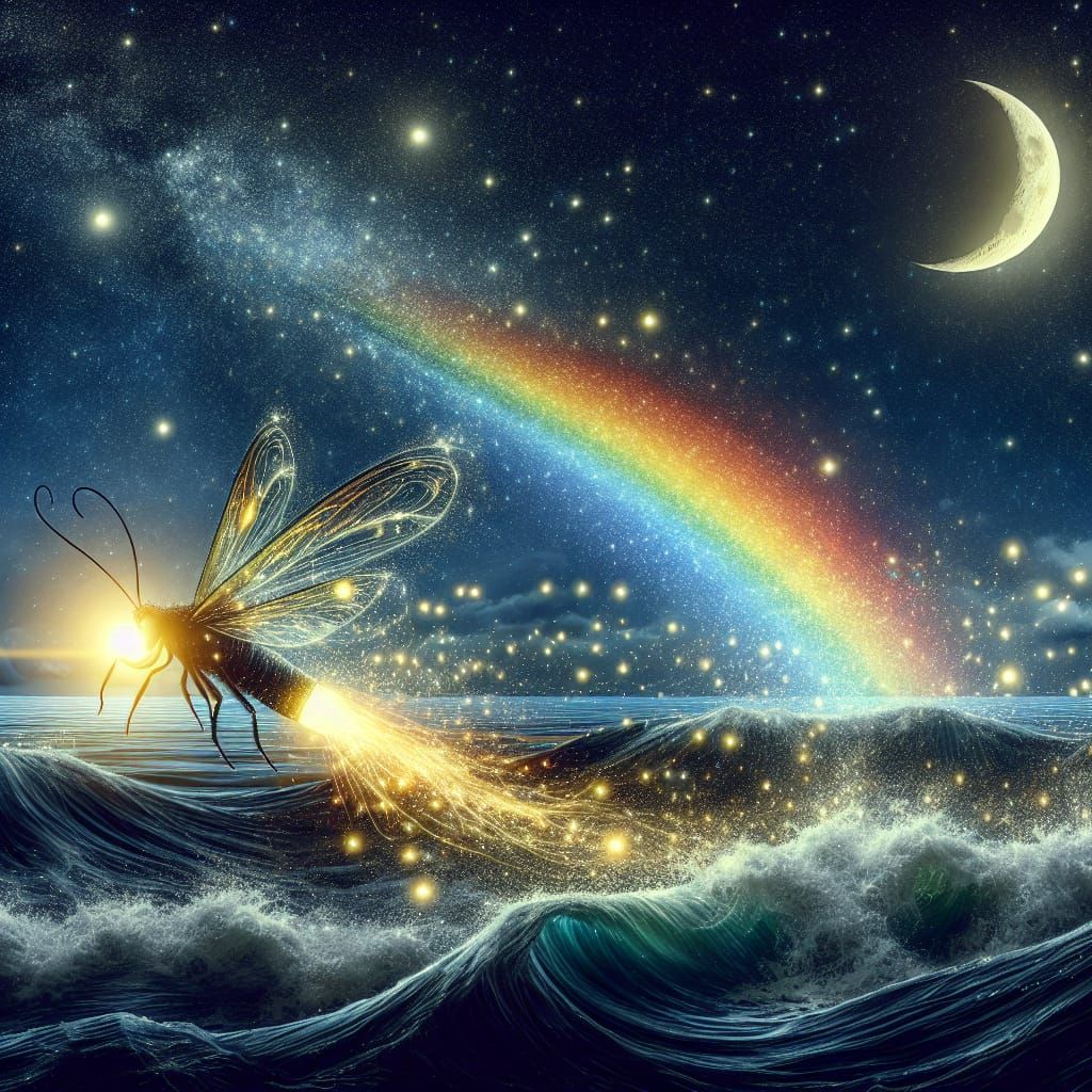 Riding a Firefly Under a Rainbow Sky