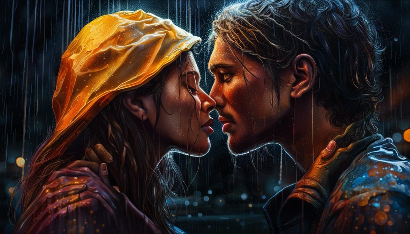 Romantic Kiss in Rain: Hyperrealistic Splash Art