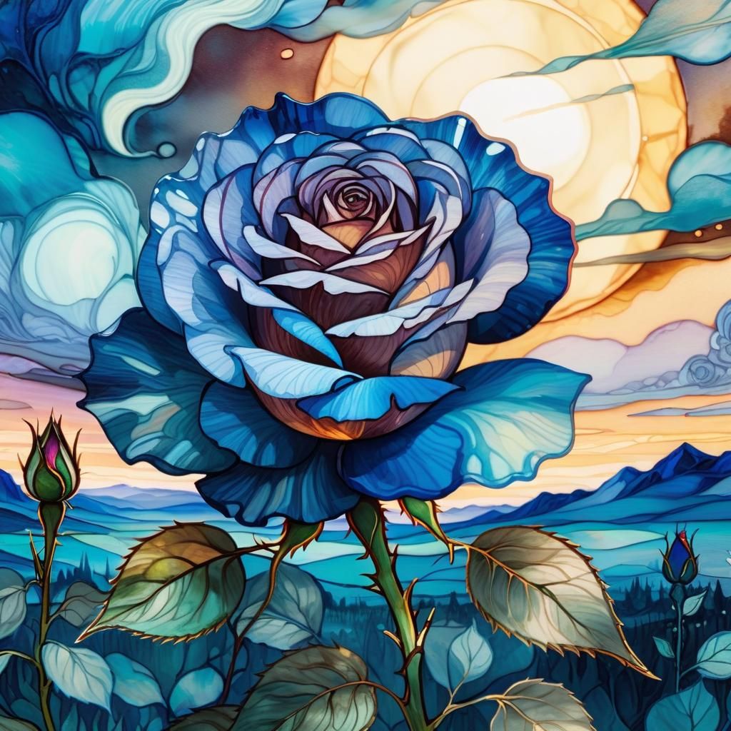 Cel-Shaded Blue Rose in Twilight Fantasy Landscape