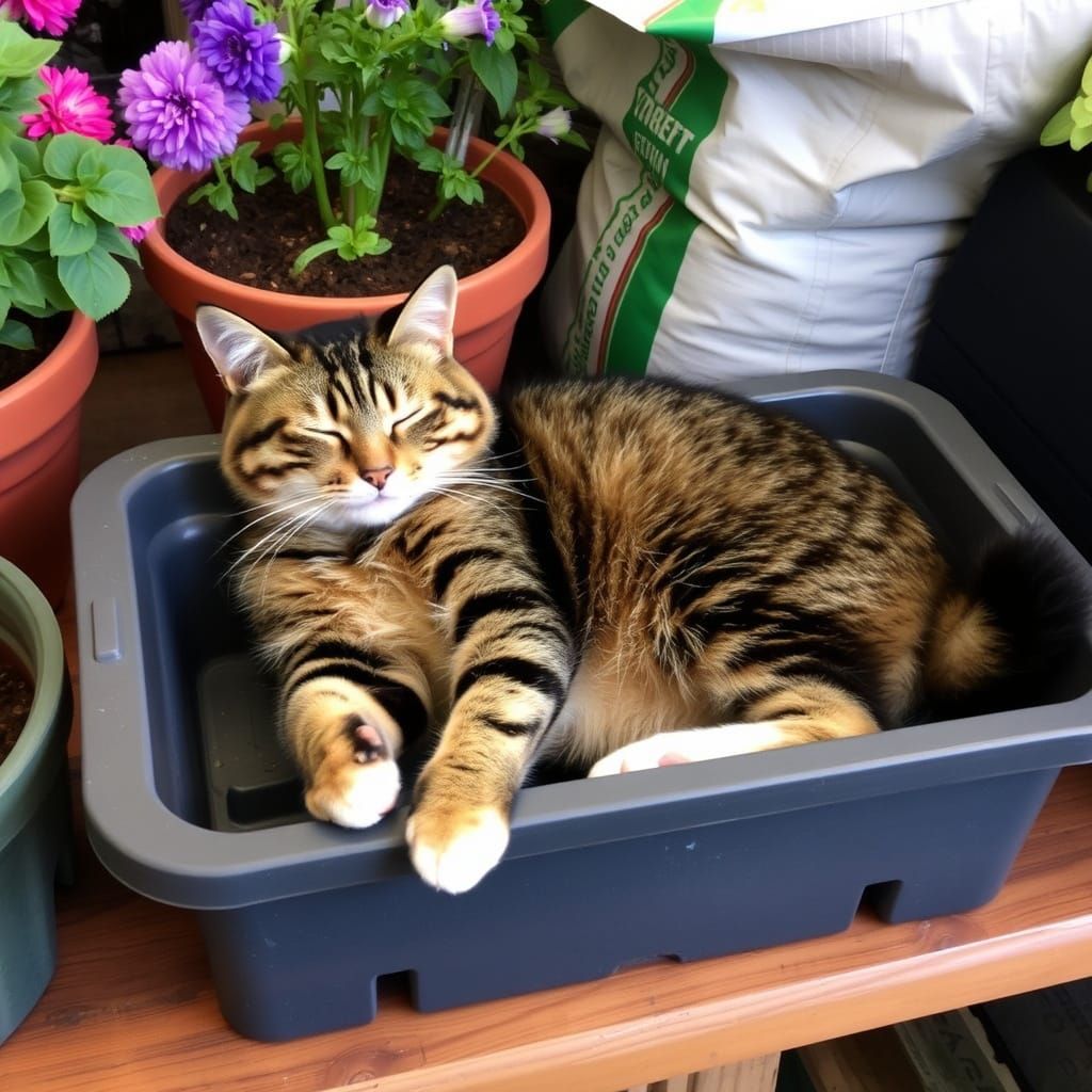Feline Garden Supervisor in Plush Resting Spot