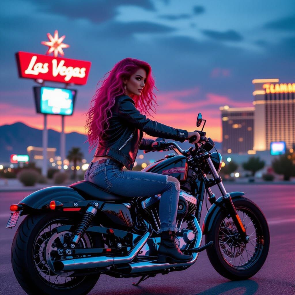 Motorcycle Rider in Las Vegas, Cinematic Neon Art