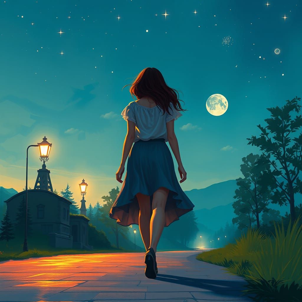 Serene Woman Walks in Pretty Night Scene