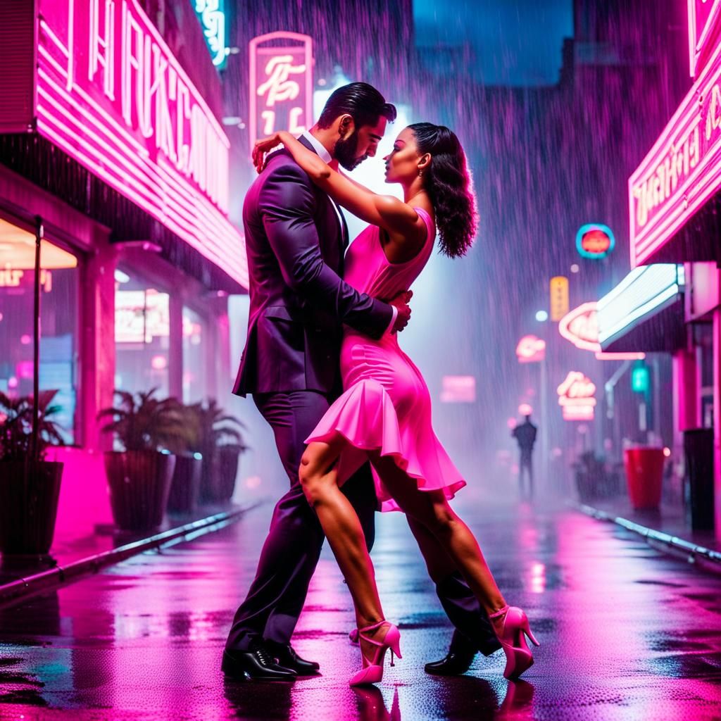 Tango in the Rain: Passionate Dance Under Neon Lights