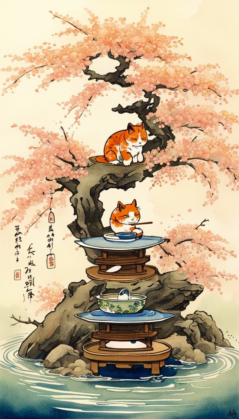 Japanese Garden with Koi Pond in Watercolor Style