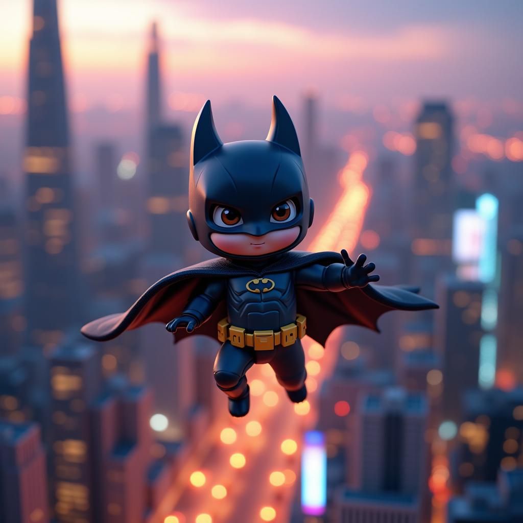 Adorable Tiny Batman Over Miniature Cityscape in 3D Anime