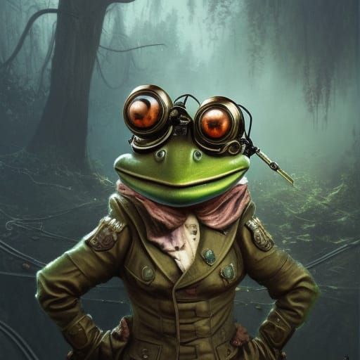 Steampunk Frog Soldier in Hyperdetailed Swamp
