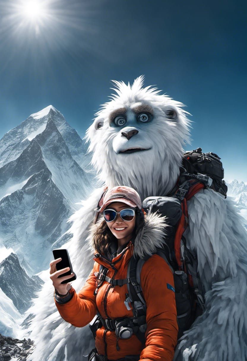 Young woman celebrates reaching the peak of Everest by posing with a yeti who also climbed it