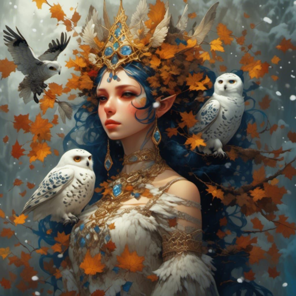 Winter Fae Queen with Snowy Owl in Hyperreal Style