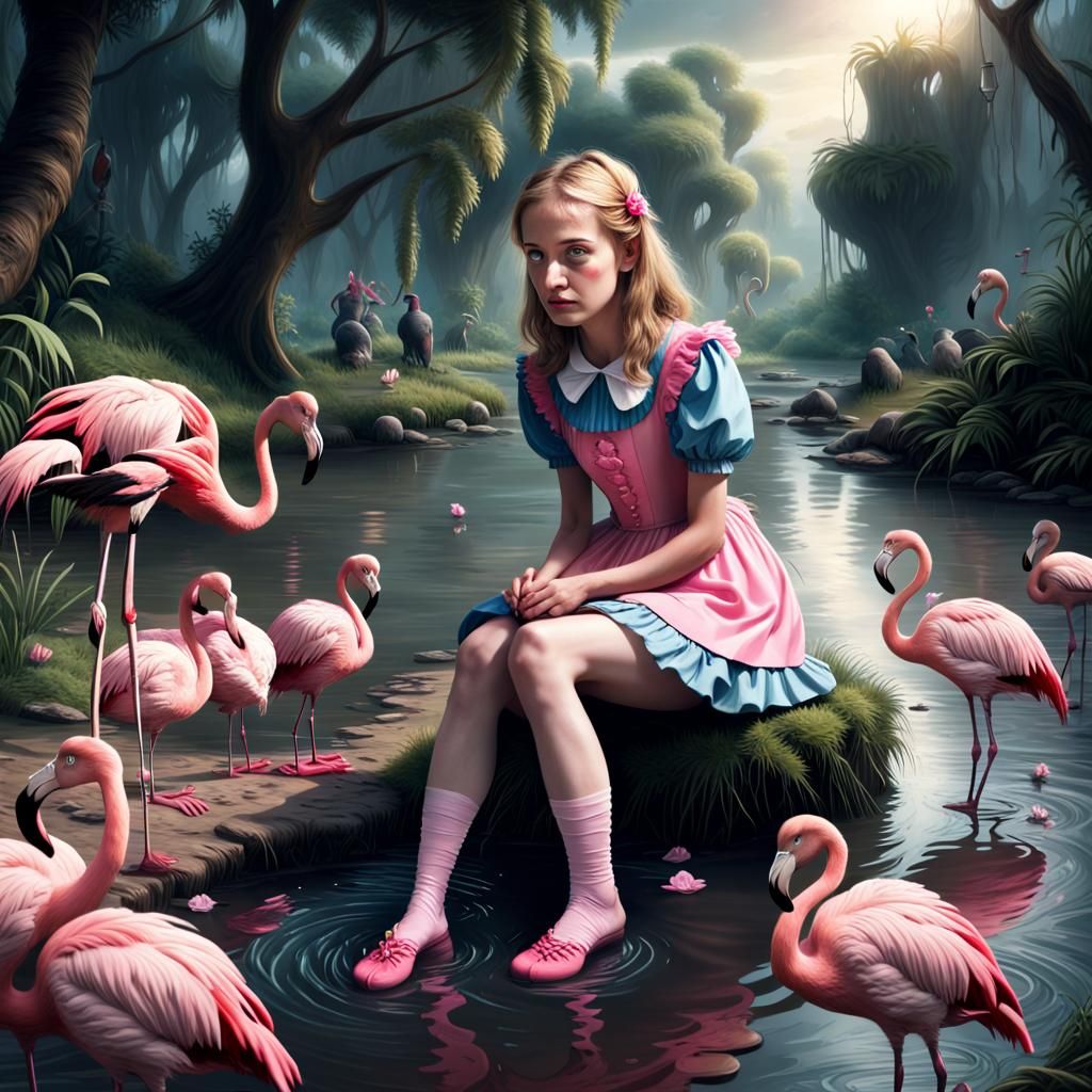 Alice in Wonderland with Pink Flamingo