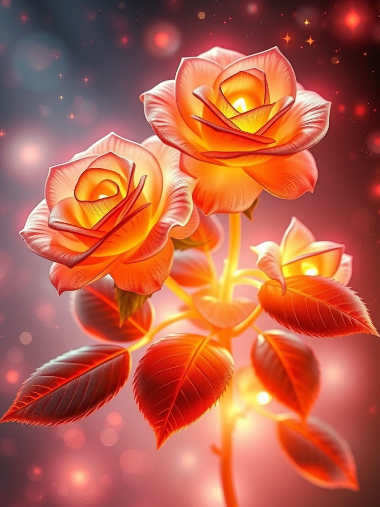 Holographic Roses with Golden Leaves in Visionary Style