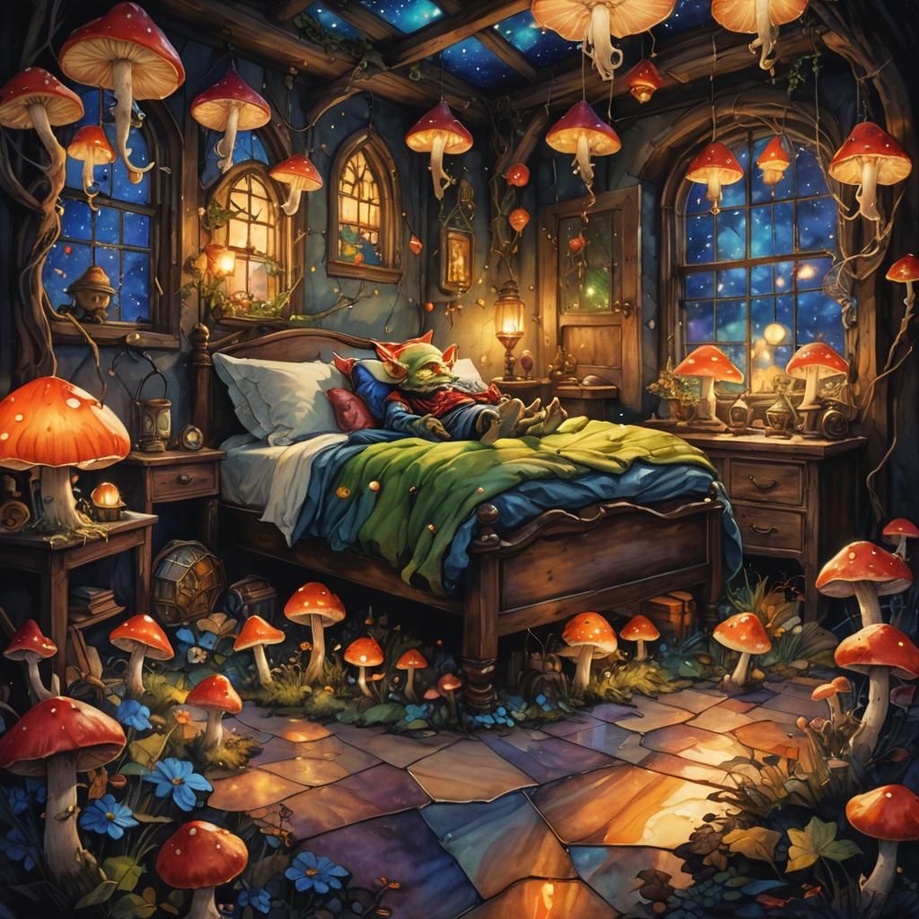 Goblin's Mushroom Bedroom in Fantasy Art Style
