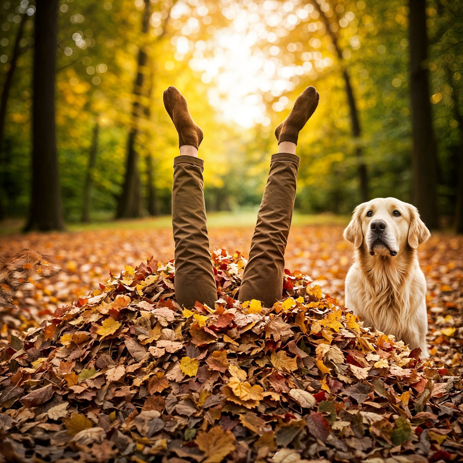 Golden Retriever Stares at Legs in Autumn Leaves Pile
