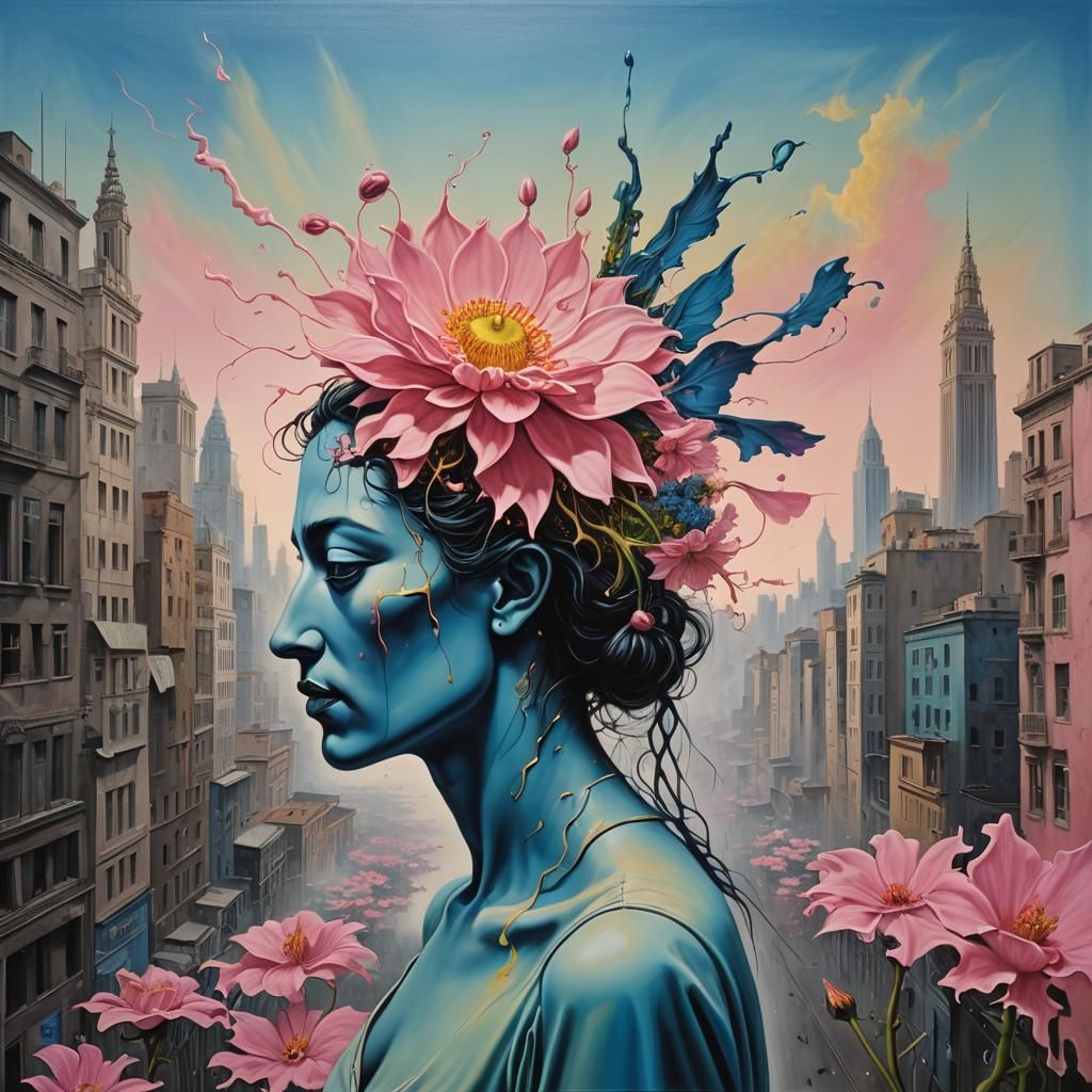 Surreal Cityscape: Flower Transformation in Oil on Canvas