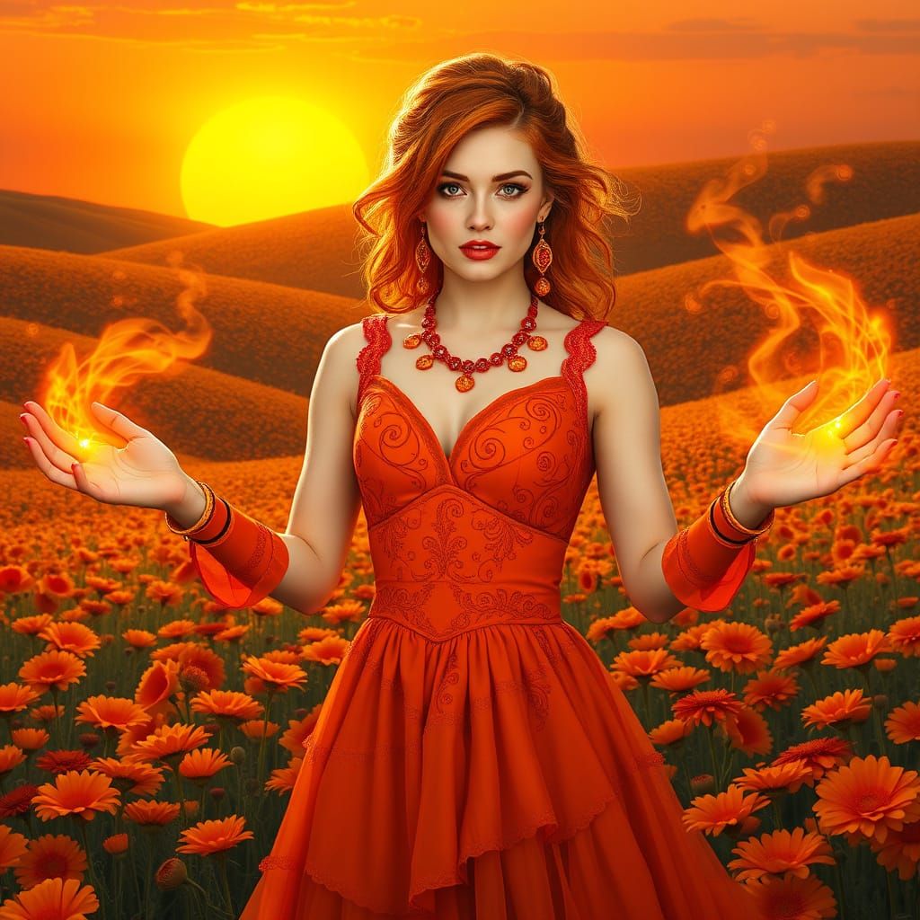 Vibrant Enchantress in Radiant Orange Gown amidst Golden Pop...