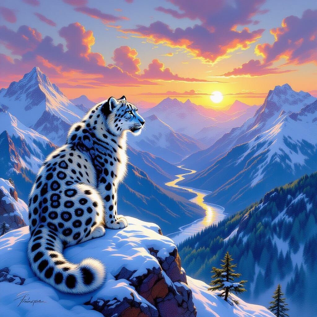 Snow Leopard with Iridescent Fur in Fantasy Painting Style