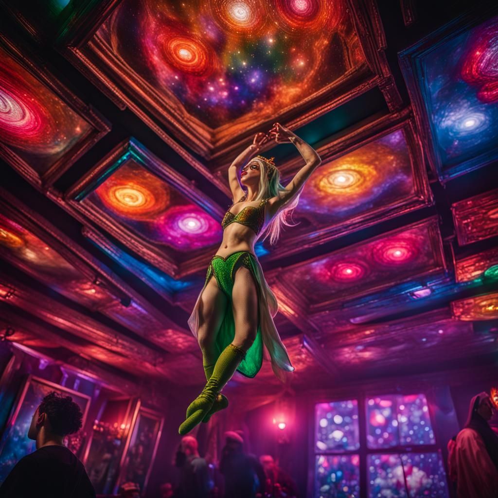 Beautiful Elf Dancing on the ceiling of a dark nightclub ups...