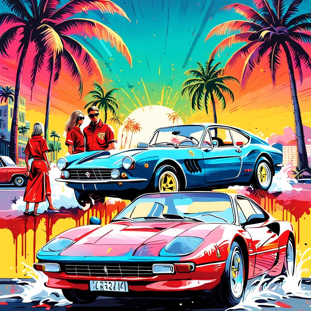a 90's poster depicting a Ferrari car under a Groupon of pal...