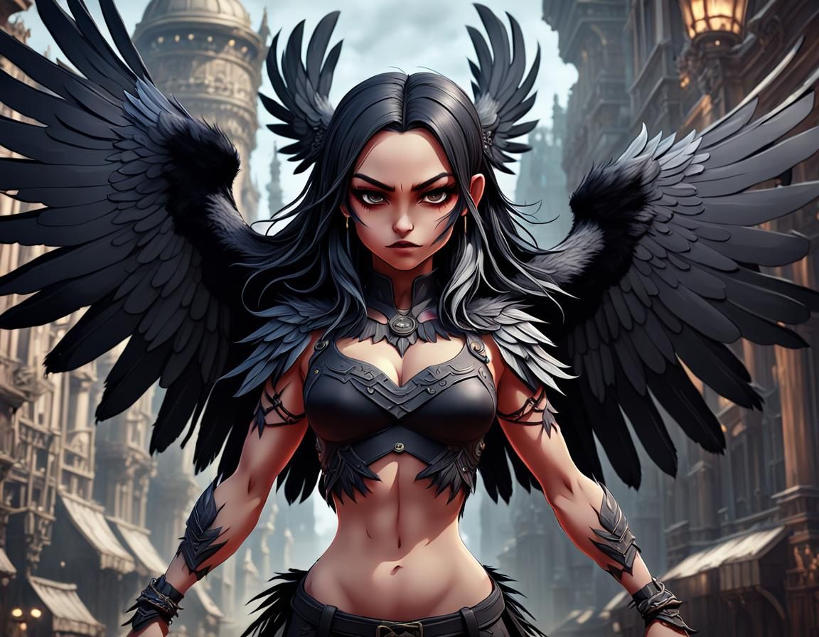 Muscular Crow Girl with Wings in Anime Style