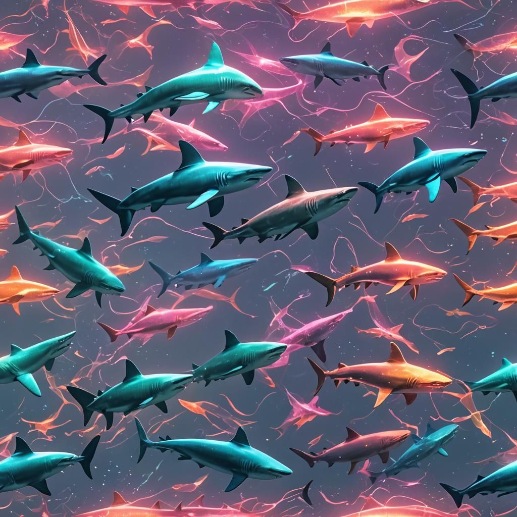 Giant Glass Sharks in Underwater Cosmic Illustration