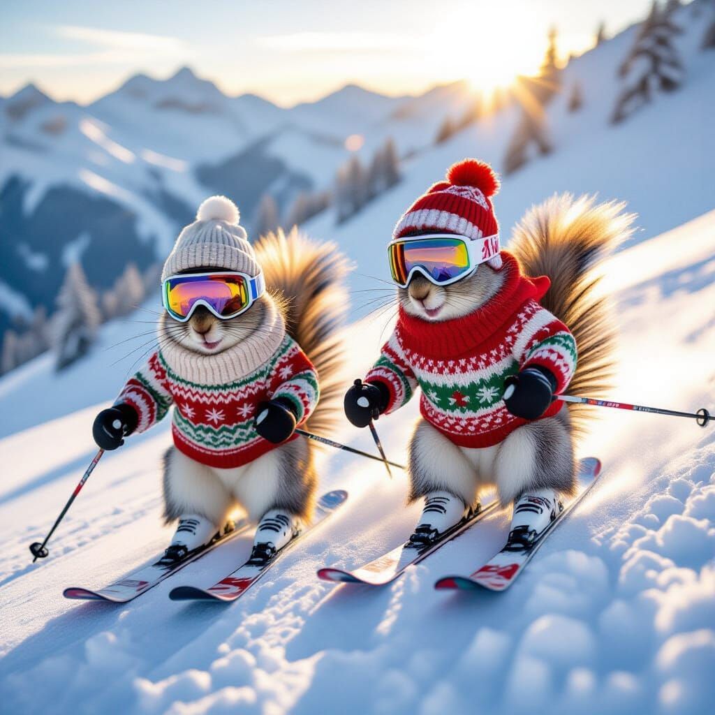 Squirrels Skiing Down Mountain in Christmas Sweaters