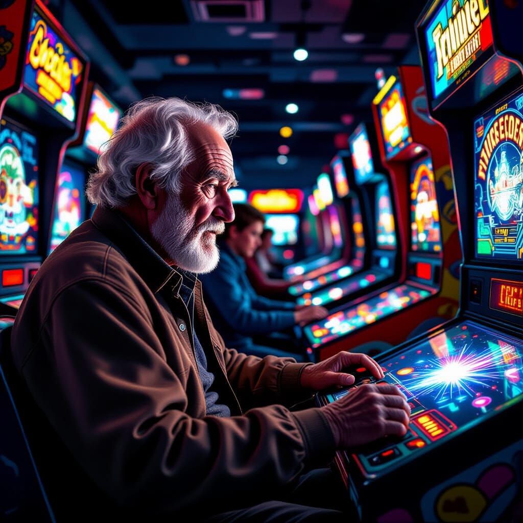 Elderly Man Plays Space Video Game in Vibrant Arcade