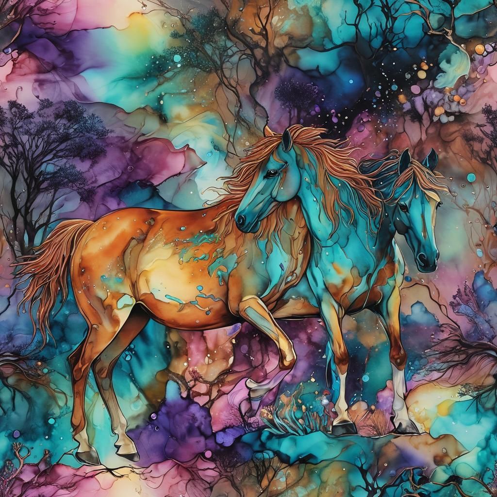 Luminescent Wild Horses in Alcohol Ink Style