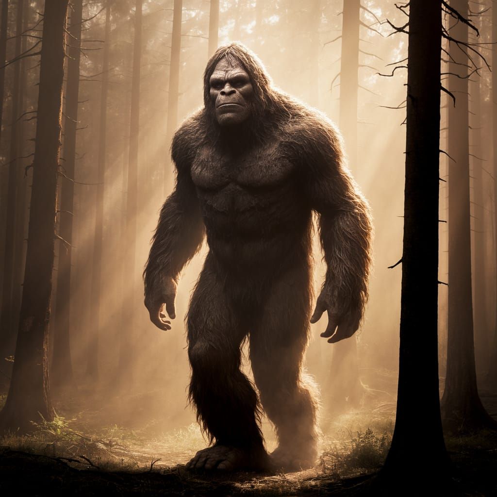 Surreal Bigfoot Emerges from Foggy Forest in Golden Light