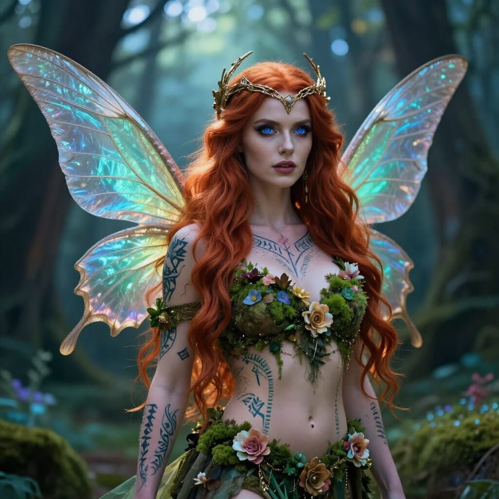 Alpha Fairy Warrior with Red Hair and Rune Tattoos