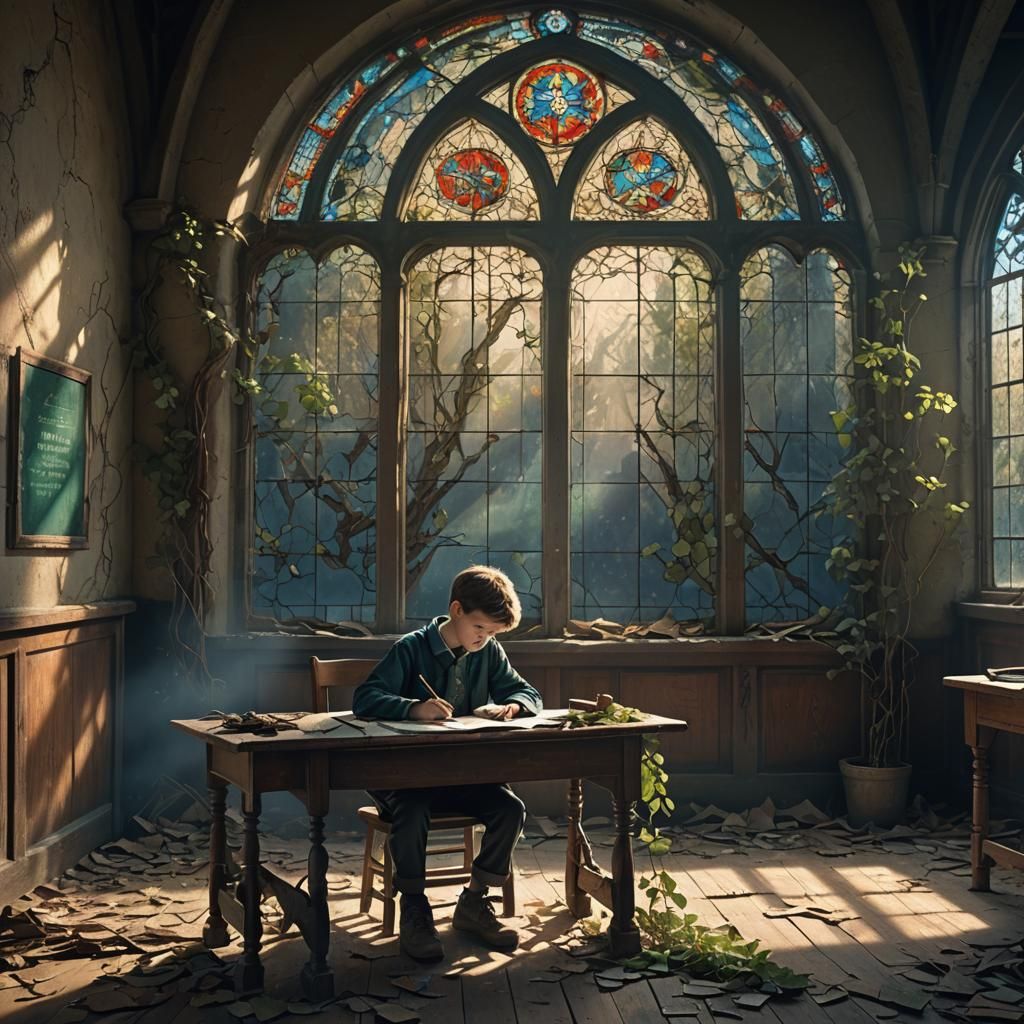 Lonely Boy in Abandoned Classroom Concept Art