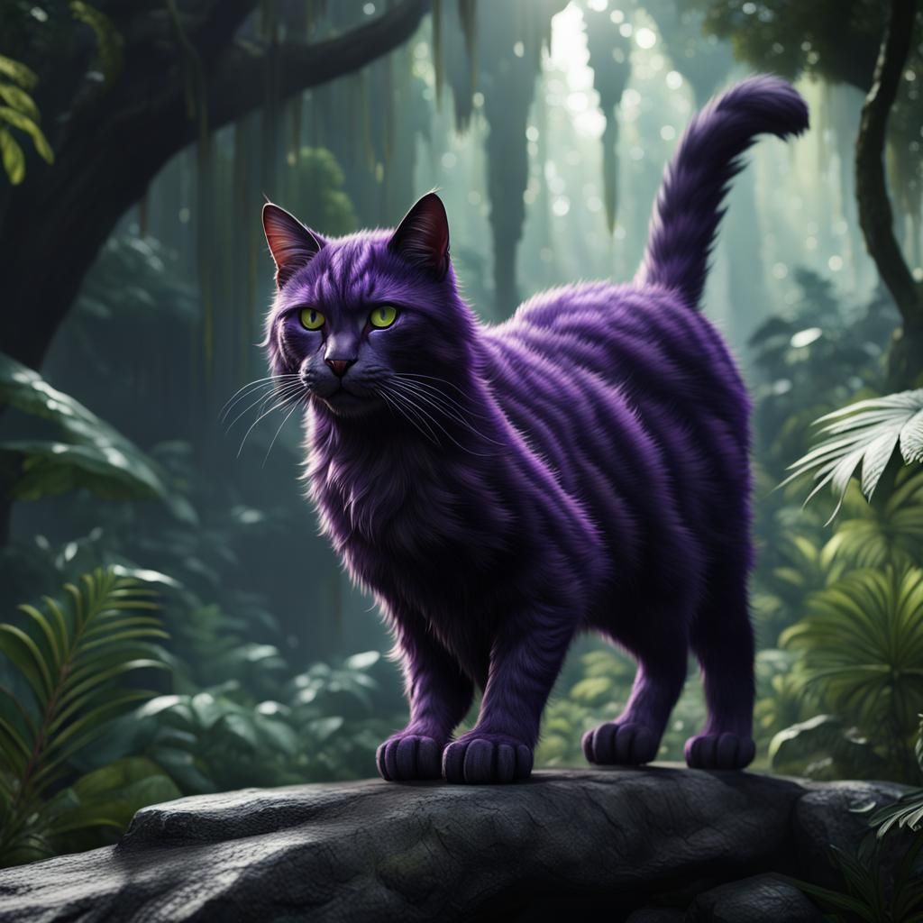 Giant Purple Cat in a Detailed Rainforest Painting