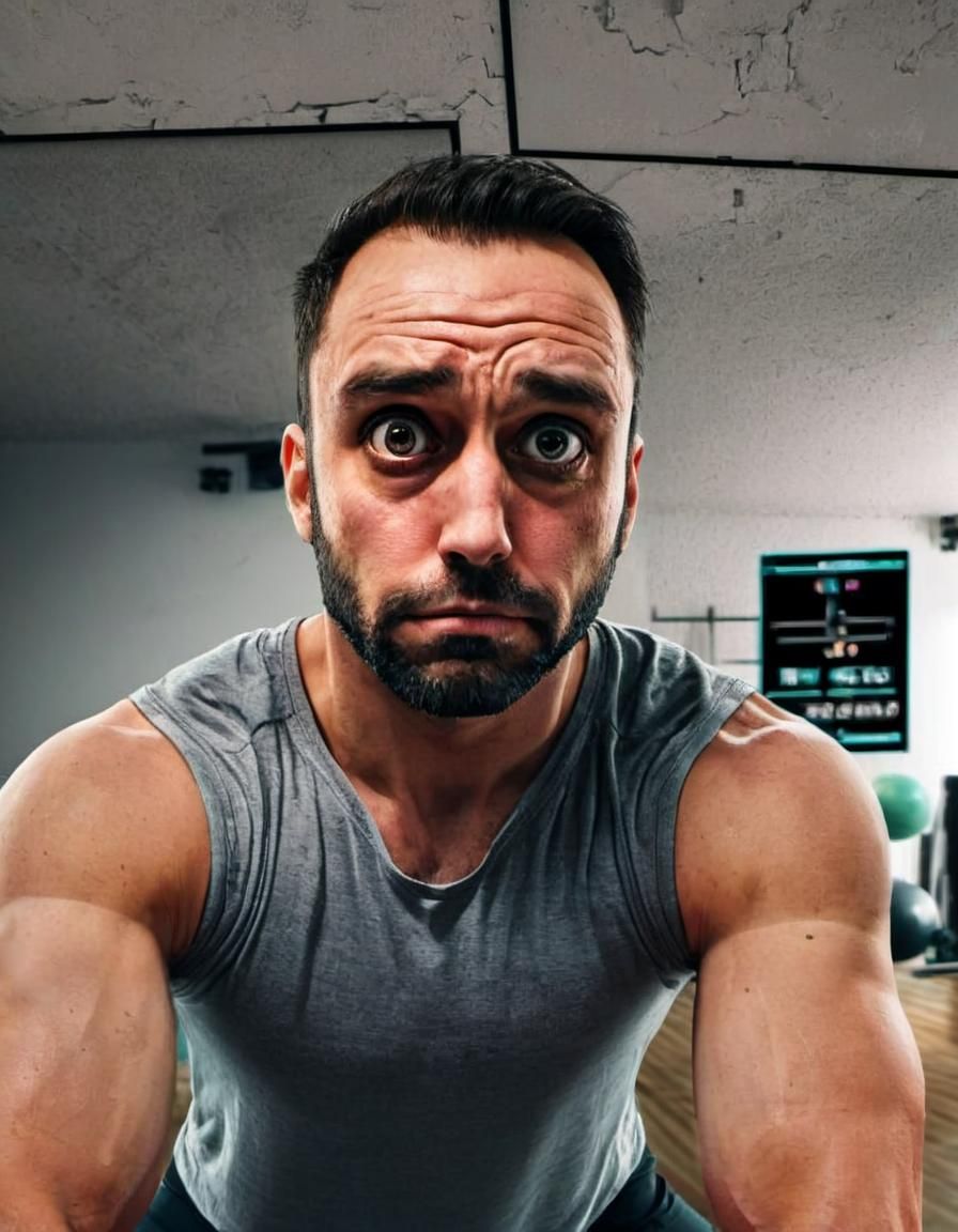 Gym Trainer Posing in Empty Room, Wide Angle Photo