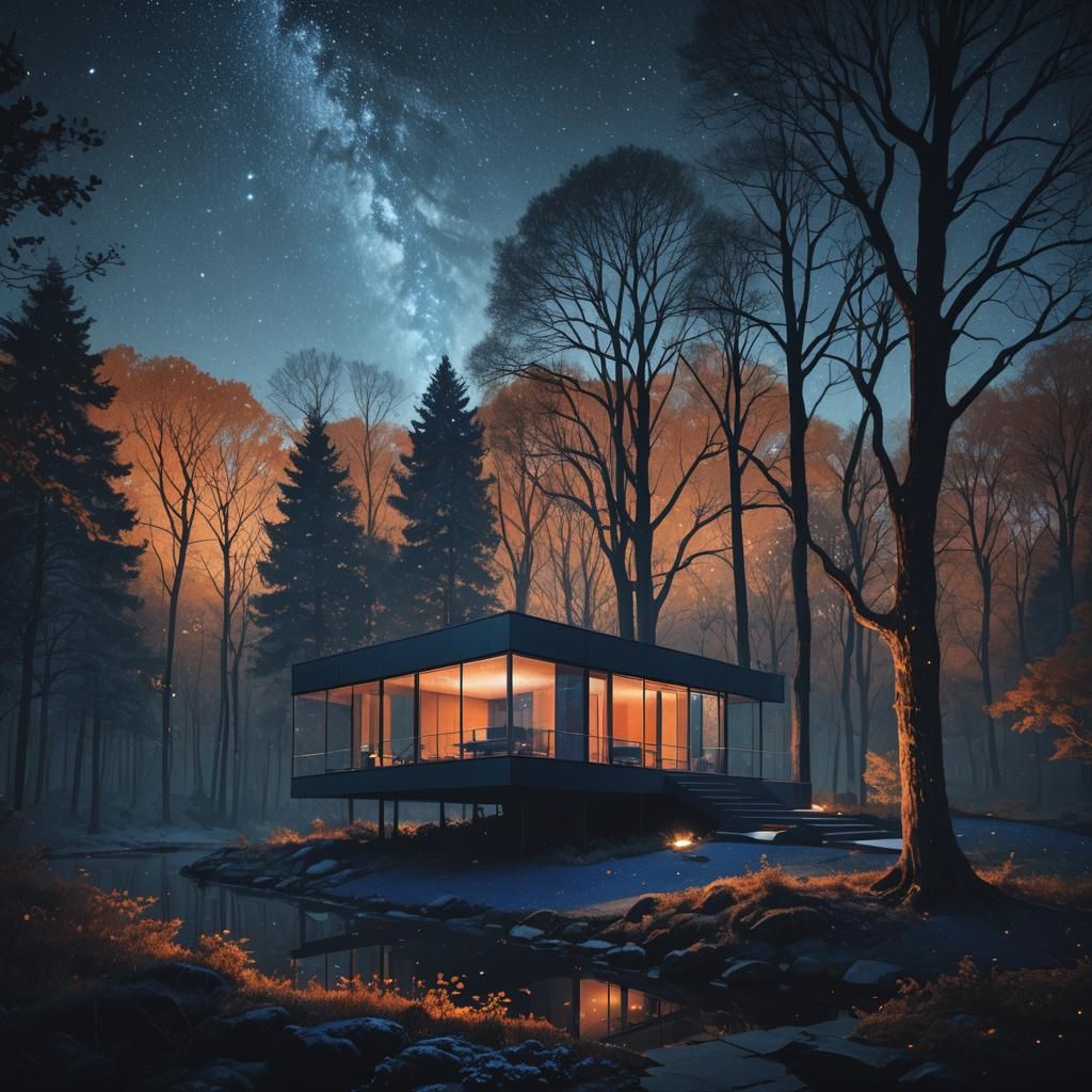 Minimalist Glass Cottage Under Starry Sky