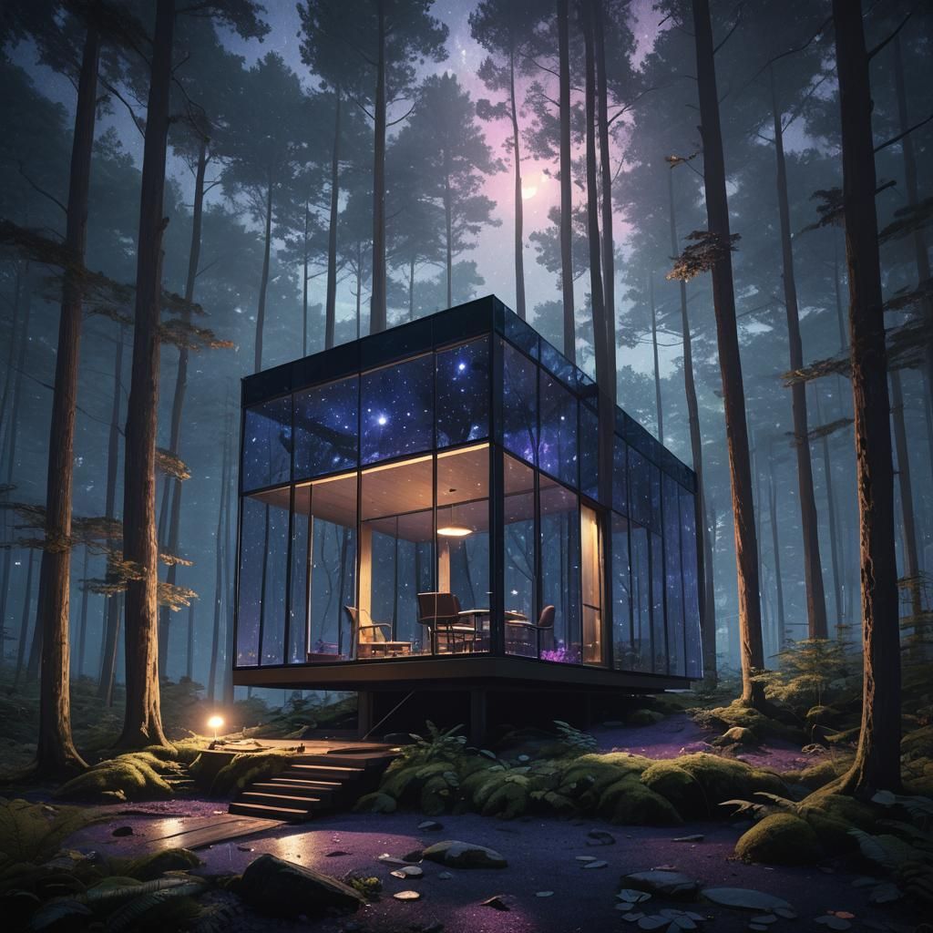 Glass Cabin in Forest under Starry Night