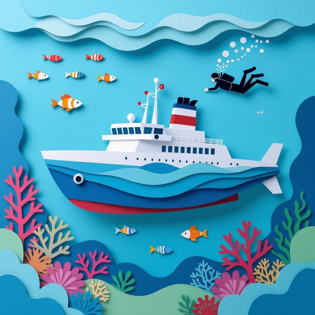 Layered Paper Art Submarine with Corals and Fish