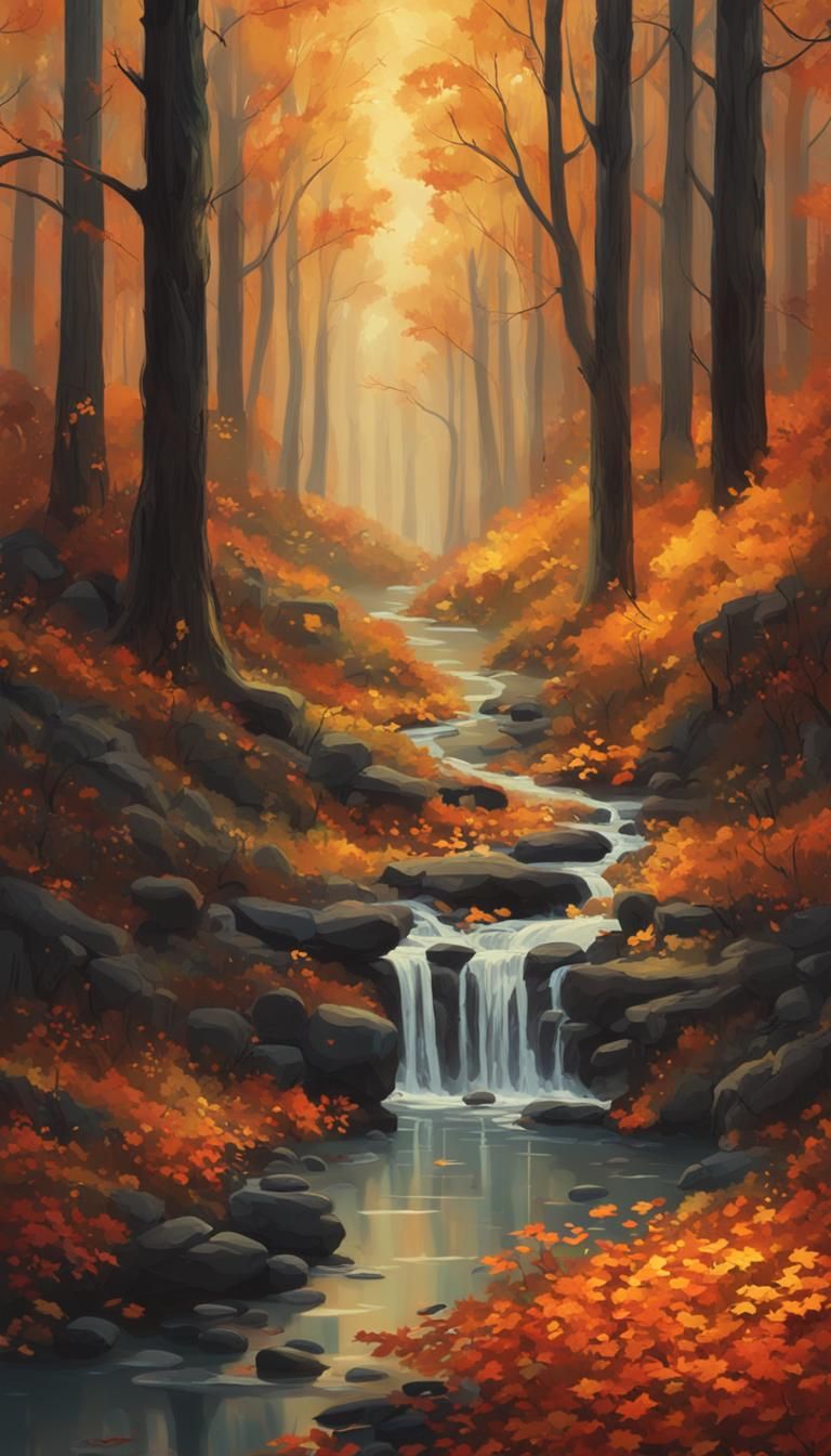 Autumnal Forest Path with Giant Waterfall
