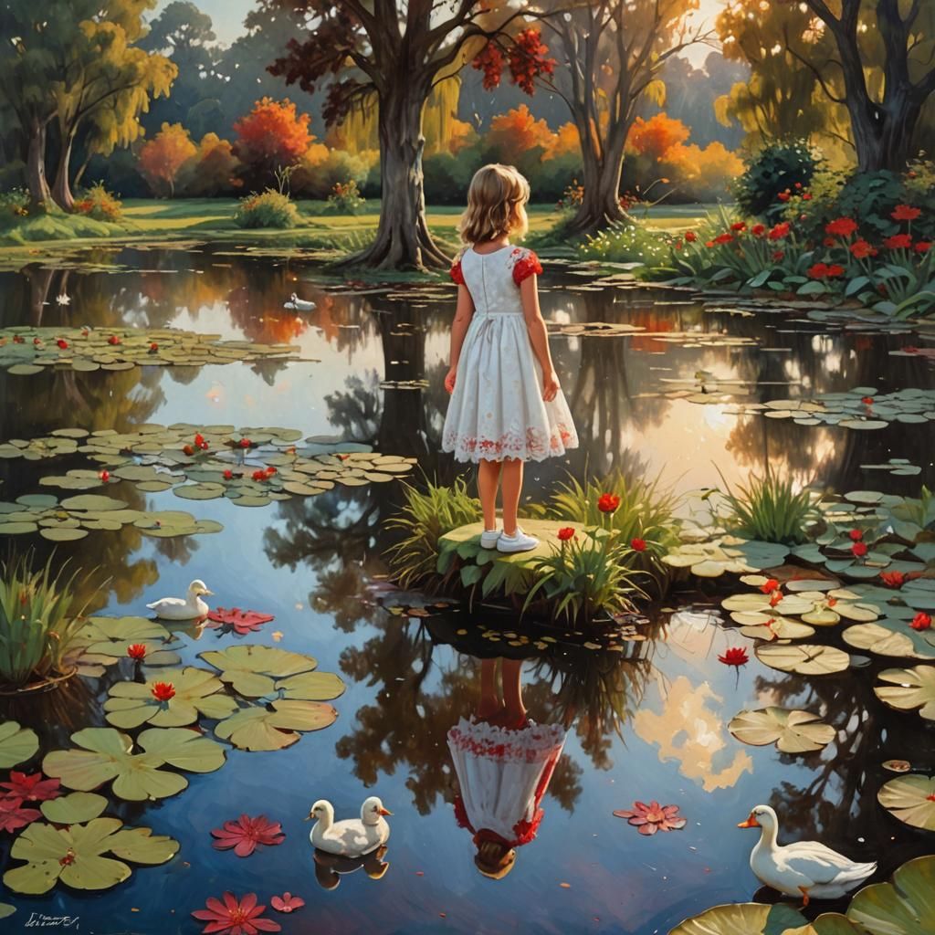 Autumn Pond Reflection with Girl, Evokes Gurney Style