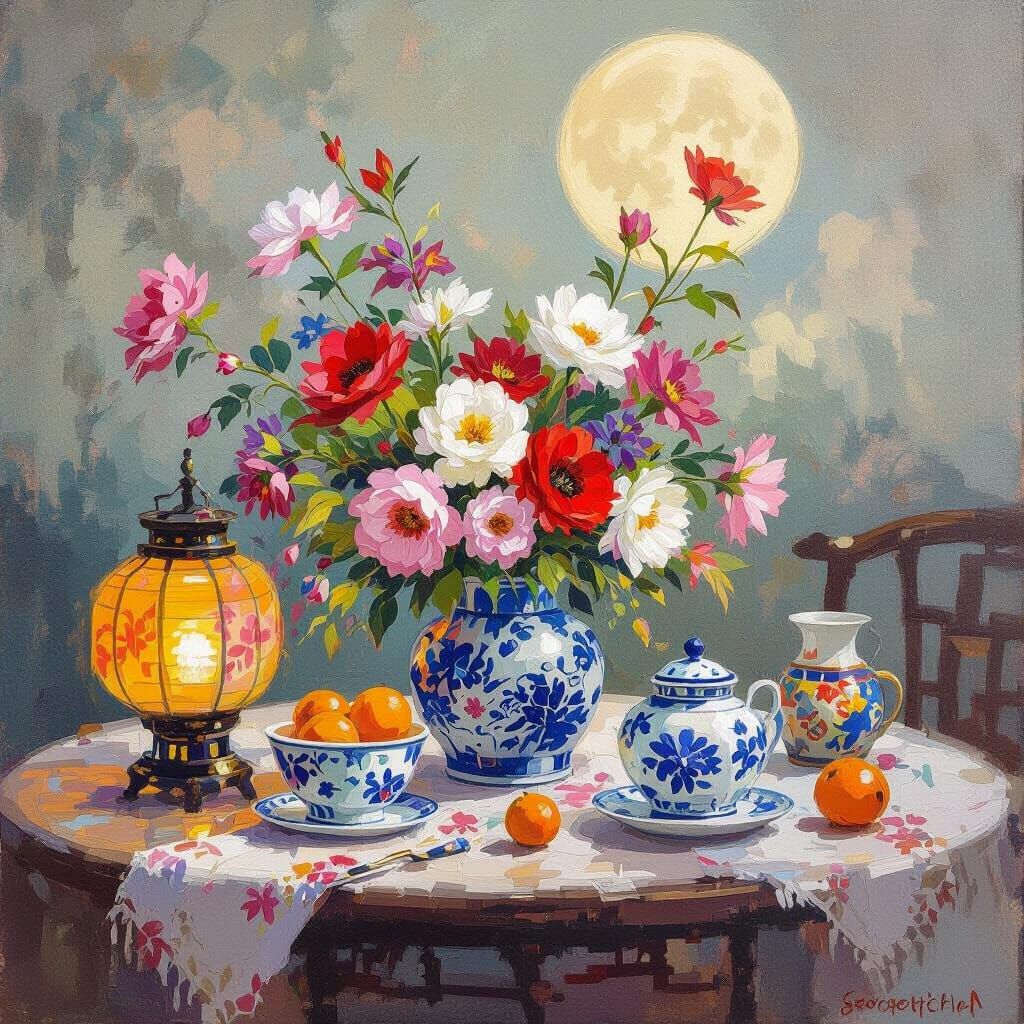 Moon Festival Still Life in Impressionist Style