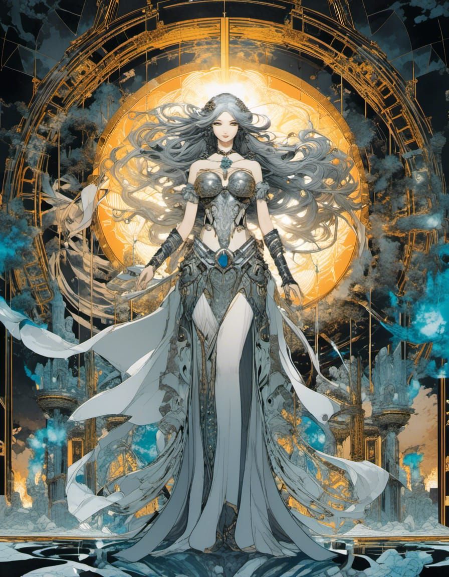 Anime Necromancer Girl in Atlantis: Watercolor and Ink