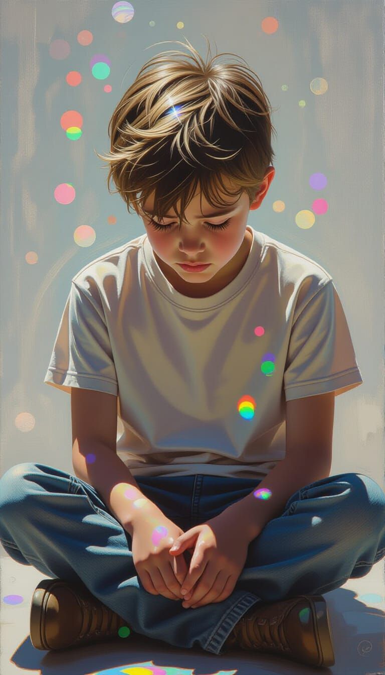 Crystal Boy with Rainbow Reflections in Magical Realism Styl...