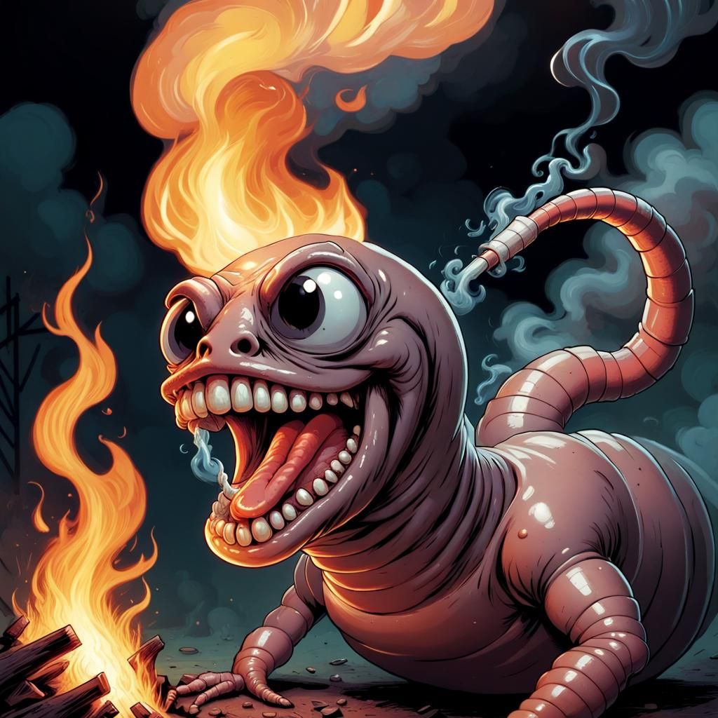 Ugly Fire-Smoking Worm in Comic Book Art Style