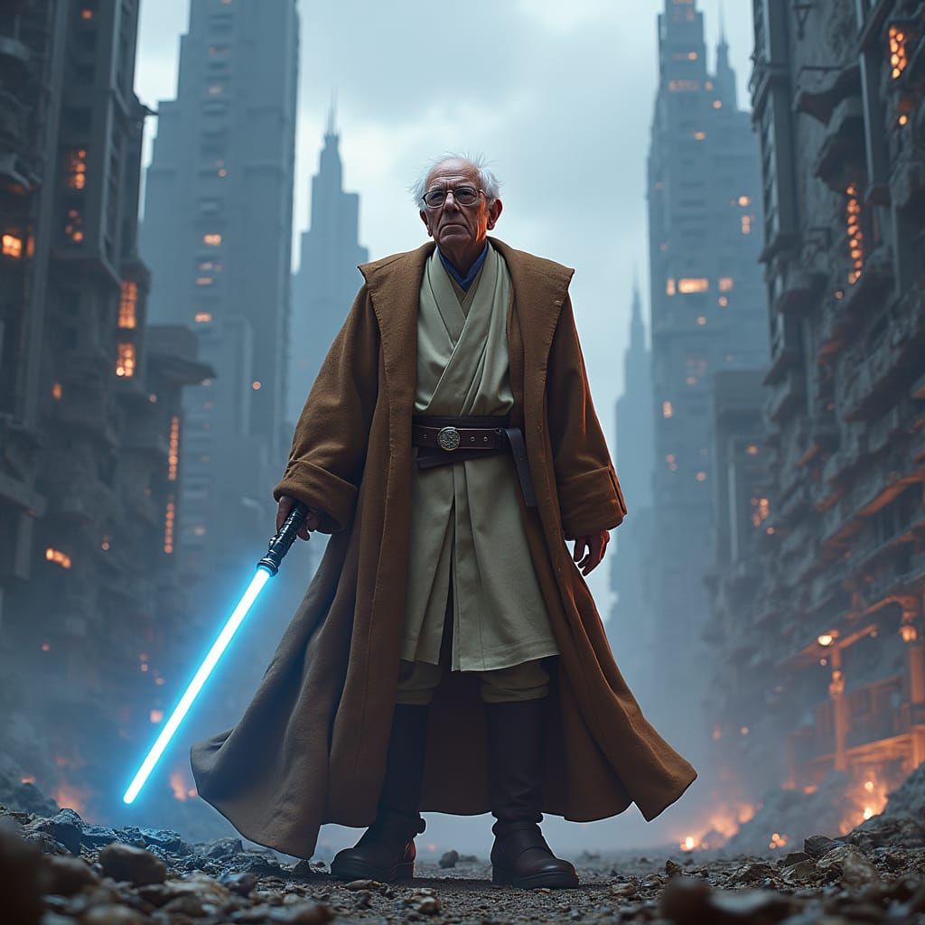 Bernie Sanders as Jedi Knight in Dystopian City