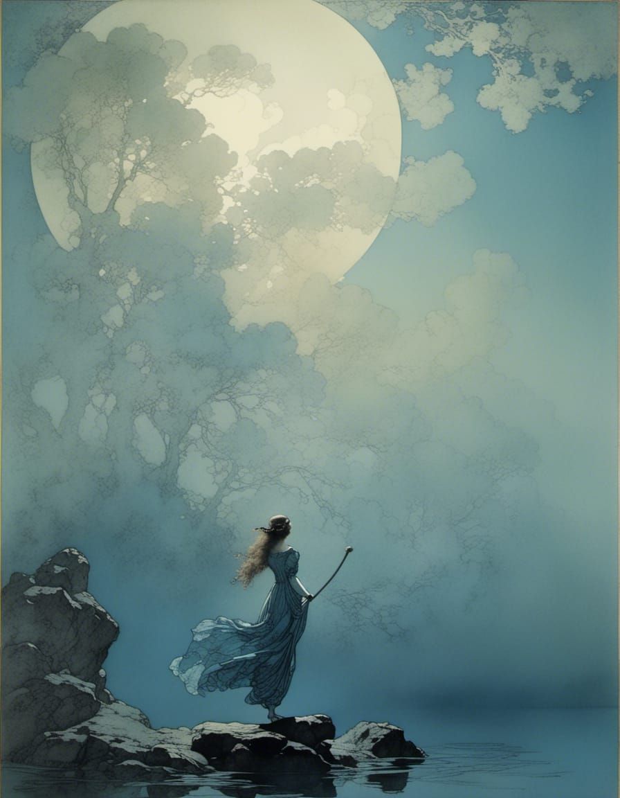 Ethereal Moonlit Lady in Rackham-Parrish Style