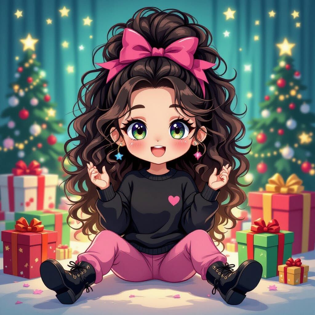 Vibrant Chibi Roller Girl Surrounded by Gifts