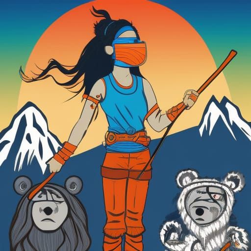 Vegan Warrior Woman with Bear in Pop Art Style