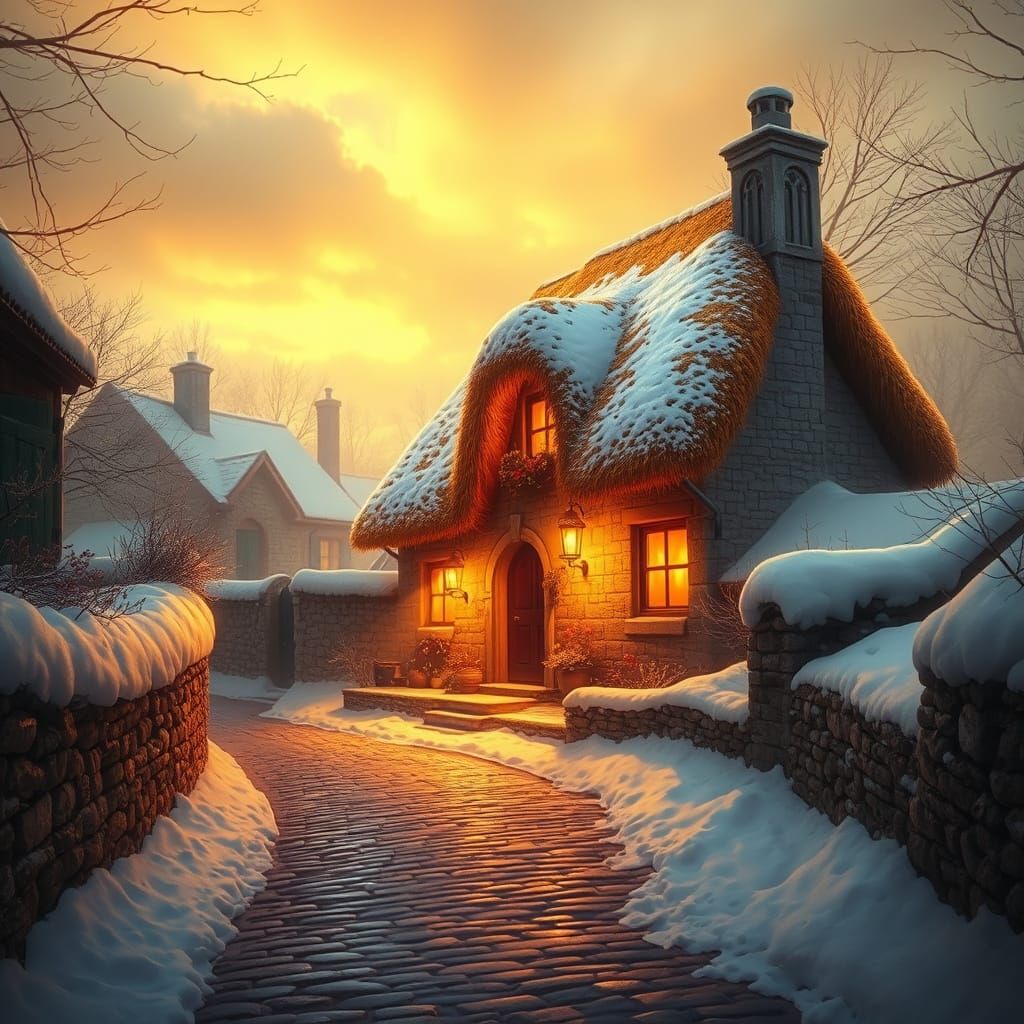 Surreal Golden Cottage Scene in Whimsical Style