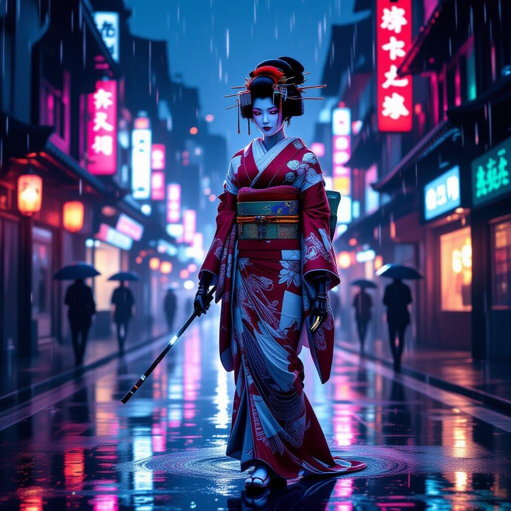 Cyborg Geisha in Neon Cityscape