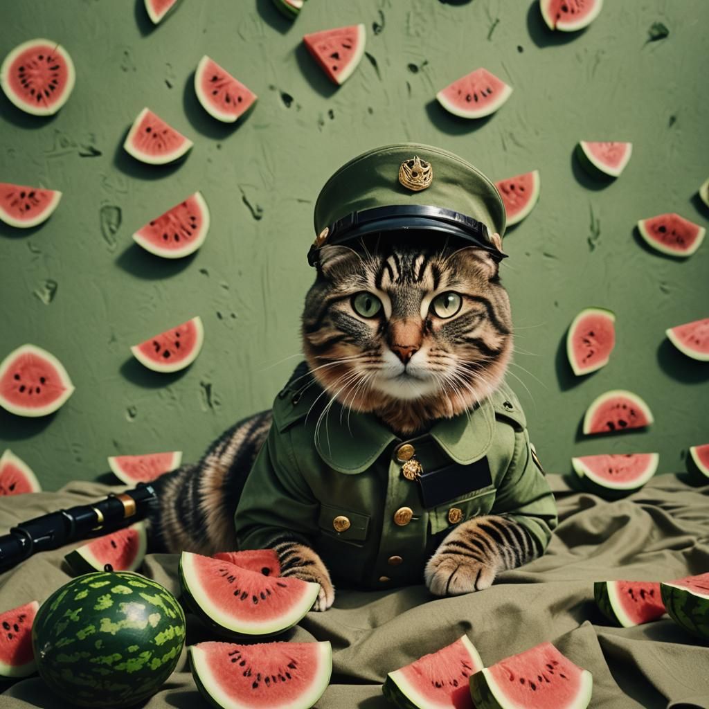 Cat Soldier With Watermelon Hat: Cinematic Film Still