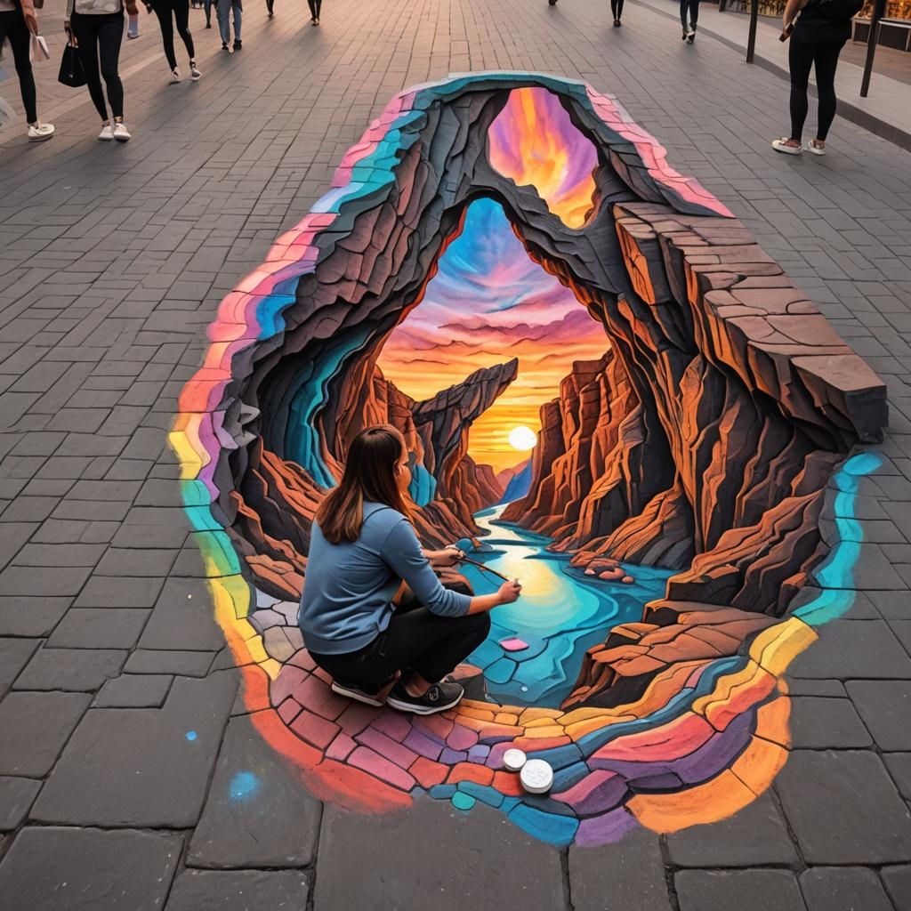 Colorful Chalk Art of Canyon at Sunset