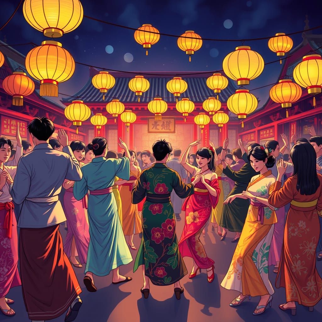 Vibrant East Asian Dance Party Illuminated by Paper Lanterns